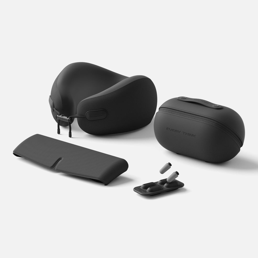 EVERYTHINK EV2 Travel Capsule set in Obsidian Black with neck pillow, eye mask, earplugs, and storage case
