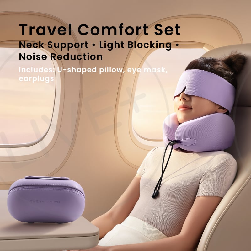 Woman using EVERYTHINK EV2 Travel Capsule sleep set with neck pillow, eye mask, and earplugs on airplane seat