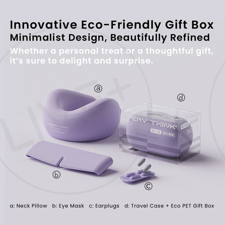 EVERYTHINK EV2 Travel Capsule set with neck pillow, eye mask, earplugs, and eco-friendly PET gift box packaging