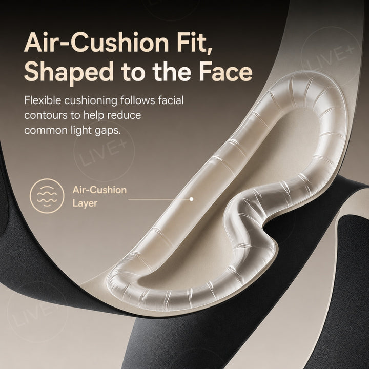Sleep mask close-up showing an air-cushion layer shaped to follow facial contours and help reduce light gaps