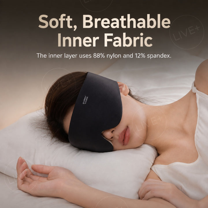 Woman side sleeping in black EVERYTHINK V4 sleep mask with soft inner fabric made of 88% nylon and 12% spandex