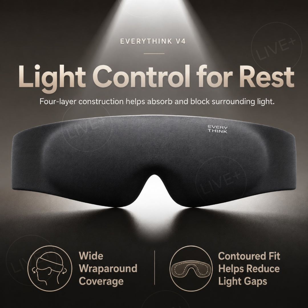 Black EVERYTHINK V4 sleep mask with wide wraparound coverage, contoured fit and four-layer light-blocking construction