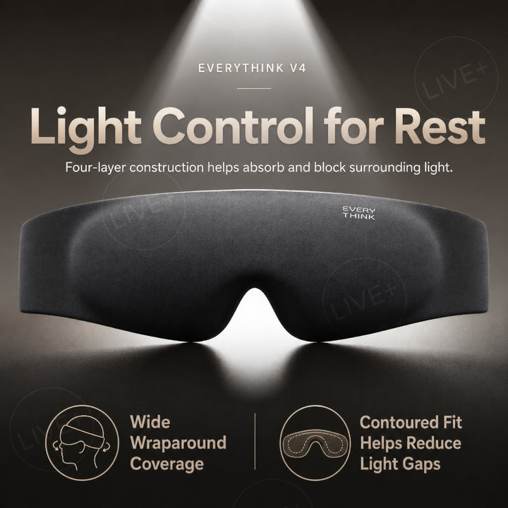 Black EVERYTHINK V4 sleep mask with wide wraparound coverage, contoured fit and four-layer light-blocking construction