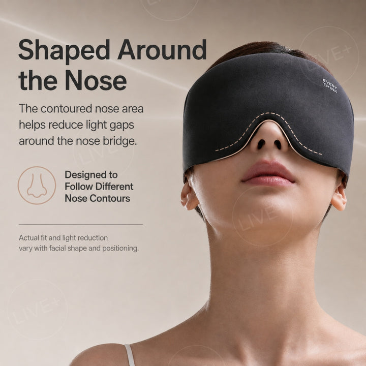 Woman wearing black EVERYTHINK V4 sleep mask with a contoured nose area designed to help reduce light gaps