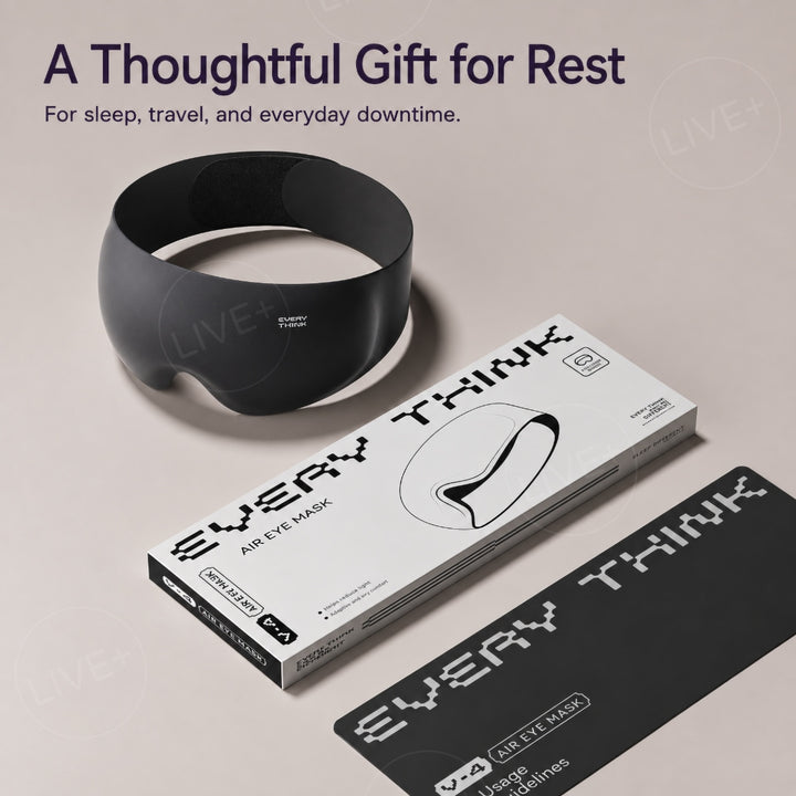 Black EVERYTHINK V4 sleep mask displayed with its retail box and usage guidelines card