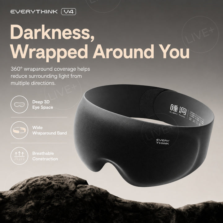 Black EVERYTHINK V4 3D sleep mask with deep eye space, wide wraparound band and breathable construction