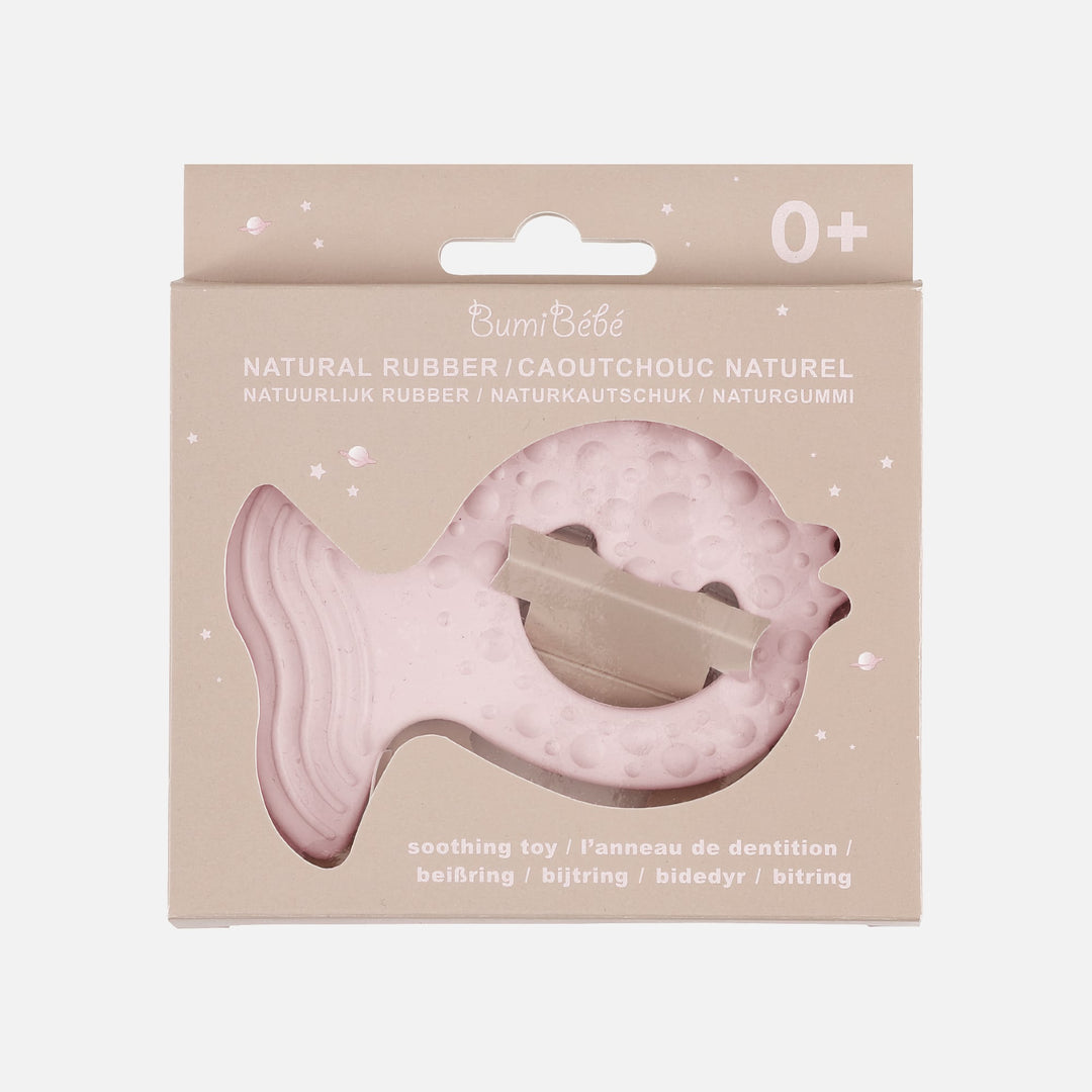 HEVEA Fish Teether in Powder Pink, packaged in eco-friendly box, made of natural rubber for teething relief