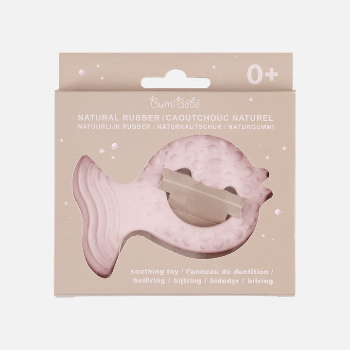 HEVEA Fish Teether in Powder Pink, packaged in eco-friendly box, made of natural rubber for teething relief