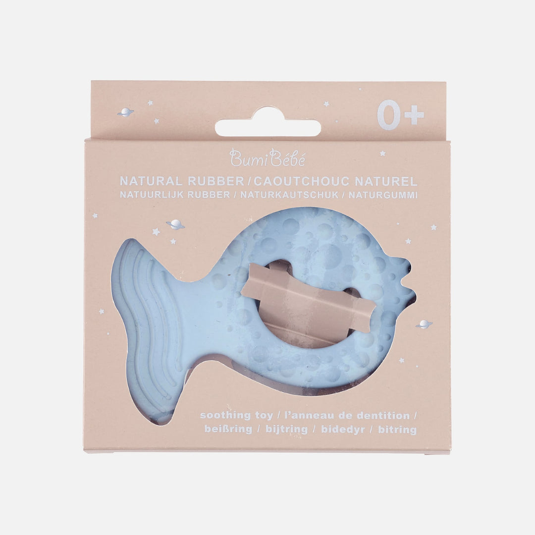 HEVEA Fish Teether in Sky Blue, eco-friendly packaging, natural rubber teether for babies to soothe teething gums