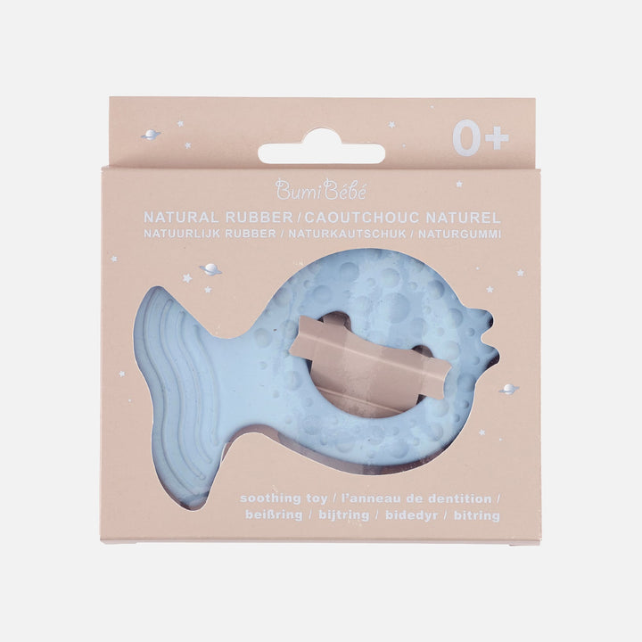 HEVEA Fish Teether in Sky Blue, eco-friendly packaging, natural rubber teether for babies to soothe teething gums