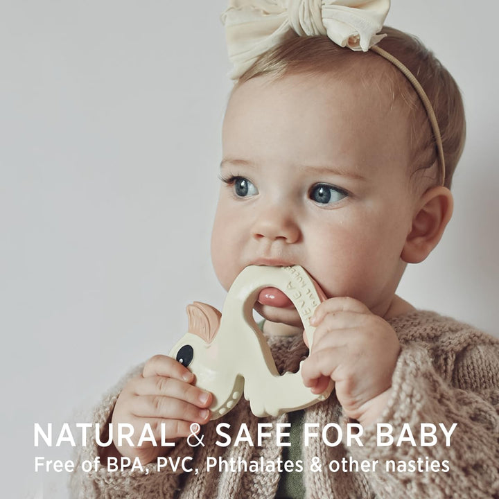 Baby chewing HEVEA Kawan Duck Teether made from natural rubber, free of BPA, PVC, phthalates, and harmful chemicals