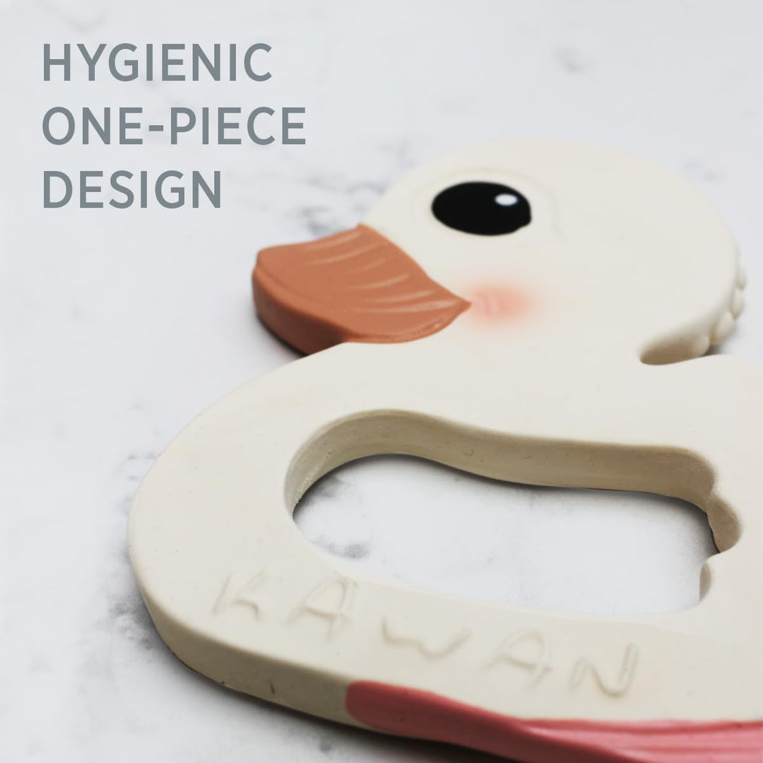 Close-up of HEVEA Kawan Duck Teether showing hygienic one-piece design that prevents mould and bacteria