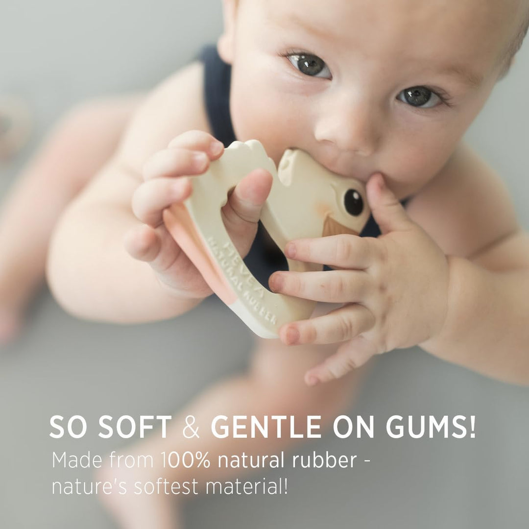 Baby chewing on HEVEA Kawan Duck Teether made from 100% natural rubber, soft and gentle on gums