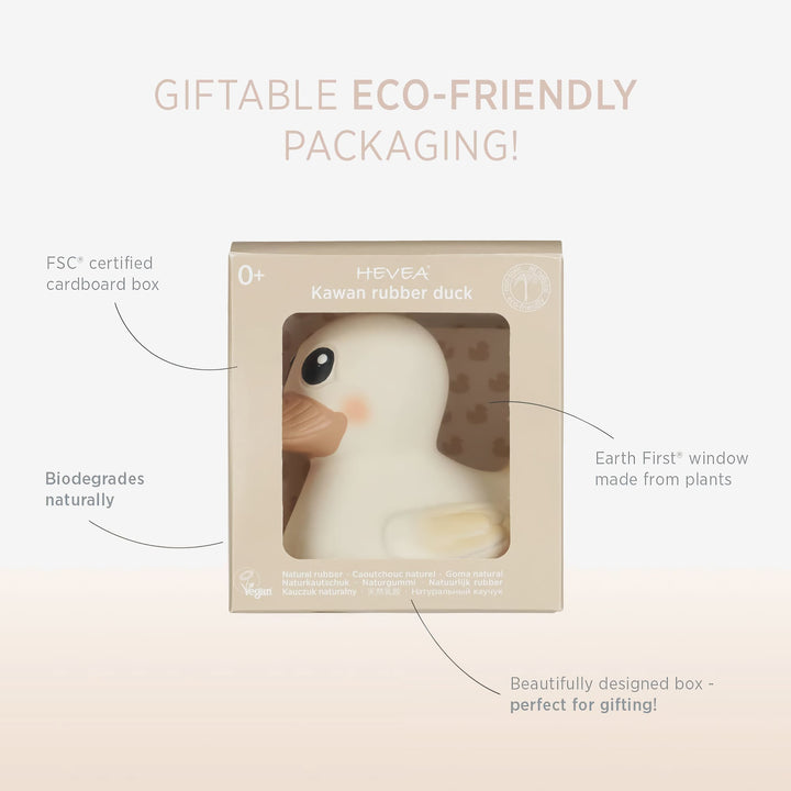 HEVEA Kawan Rubber Duck in eco-friendly packaging, featuring an FSC-certified biodegradable box and plant-based window, perfect for gifting.