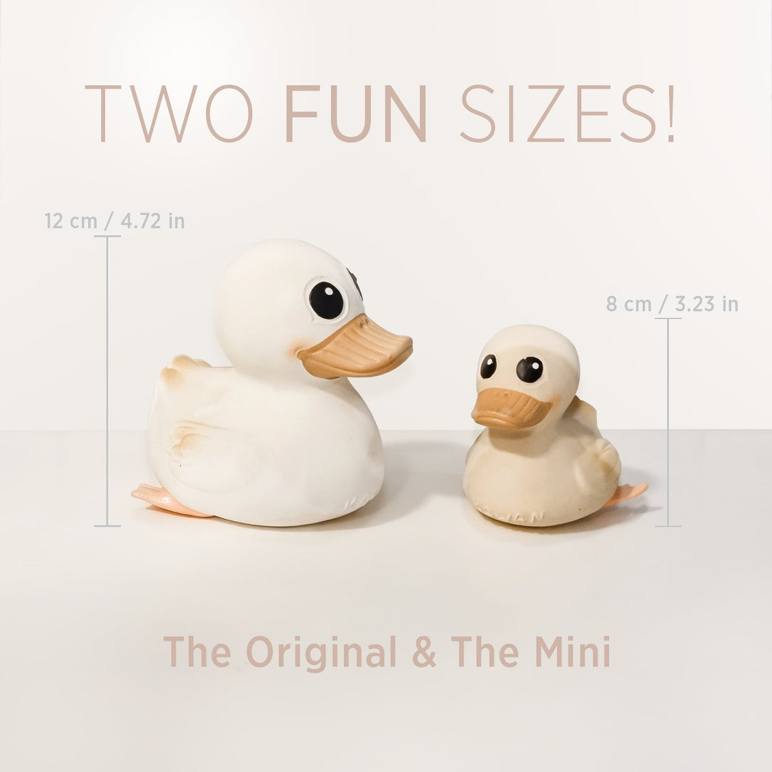 HEVEA Kawan Rubber Ducks in two sizes, Original (12 cm) and Mini (8 cm), made from natural rubber with a safe, mold-free design.