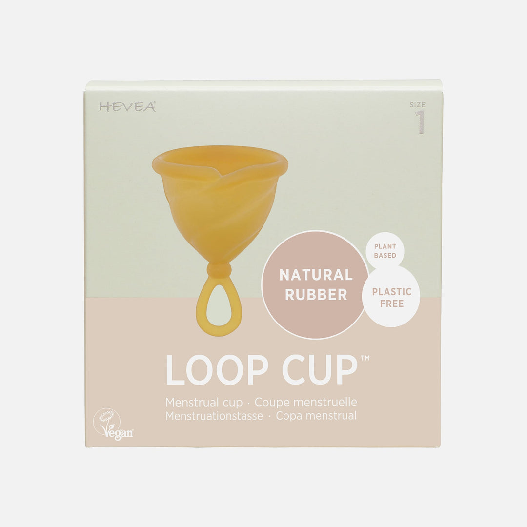 Hevea Loop Menstrual Cup in natural rubber color, Size 1, packaging.