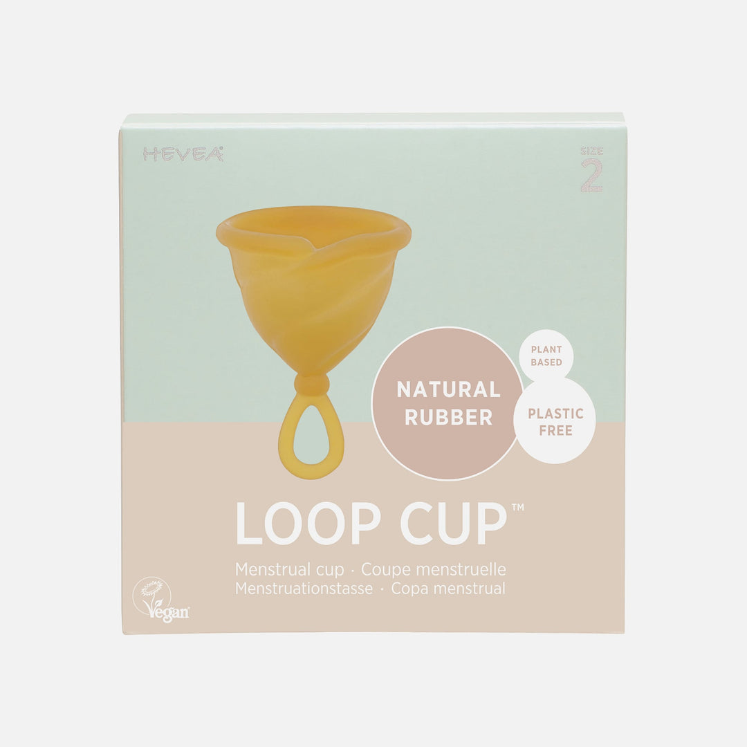 Hevea Loop Menstrual Cup in natural rubber color, Size 2, packaging.