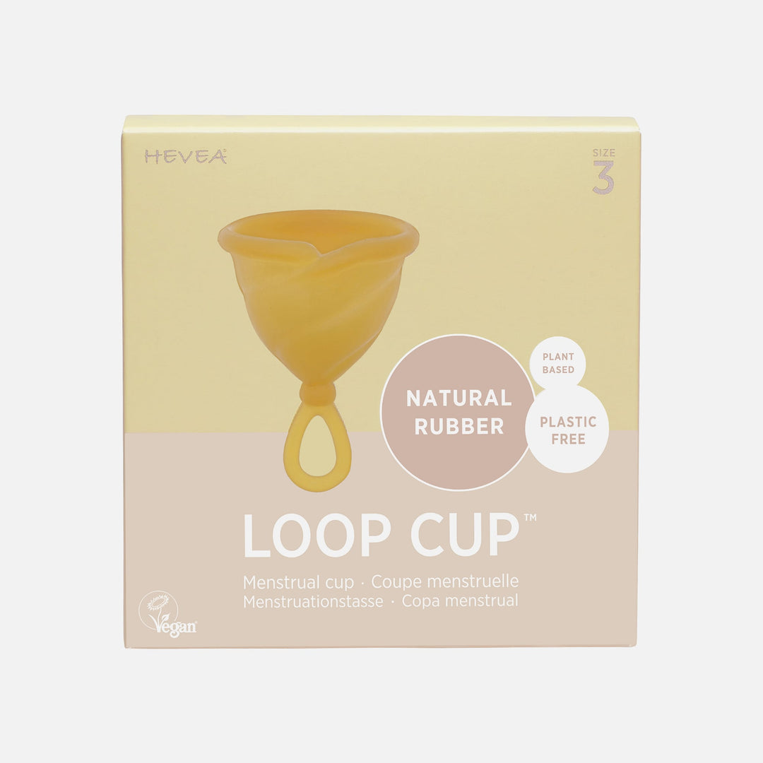 Hevea Loop Menstrual Cup in natural rubber color, Size 3, packaging.