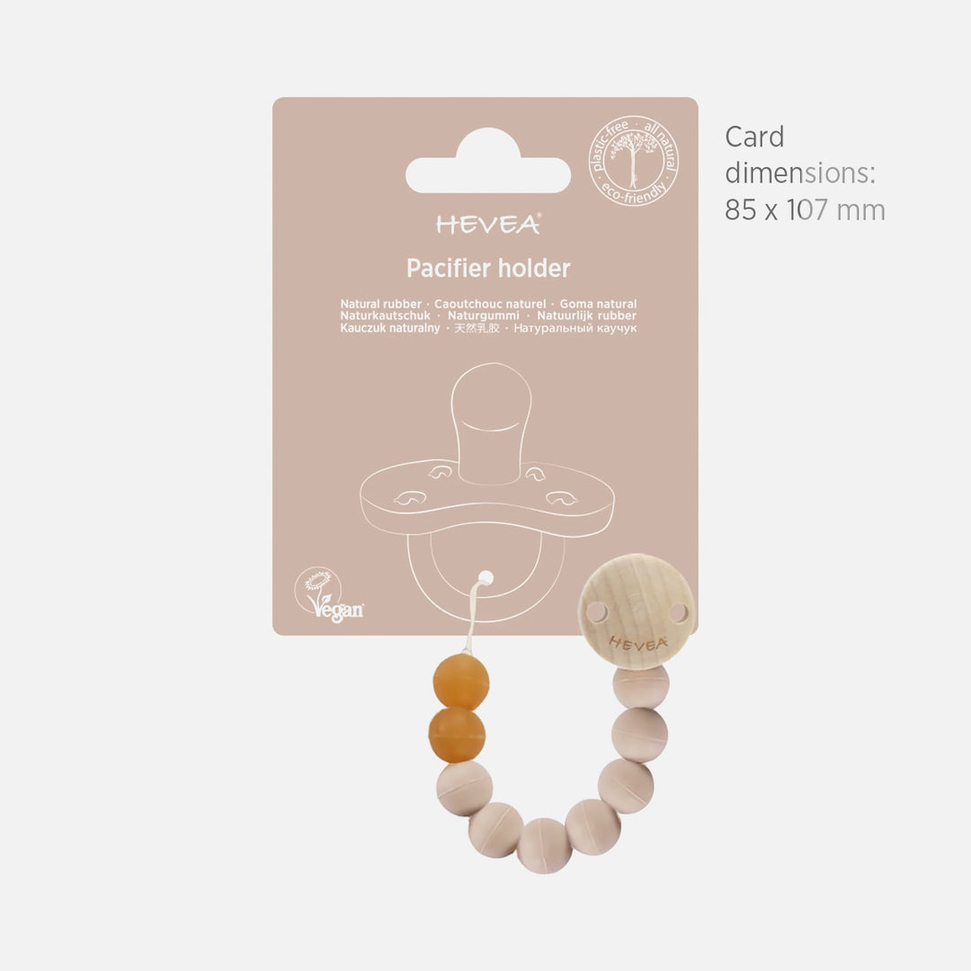 Hevea Sand pacifier holder with beige and amber beads, wooden clip and product display card