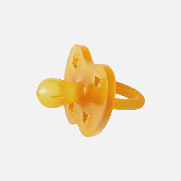 Hevea natural rubber round pacifier in natural amber color with butterfly shield ventilation holes
