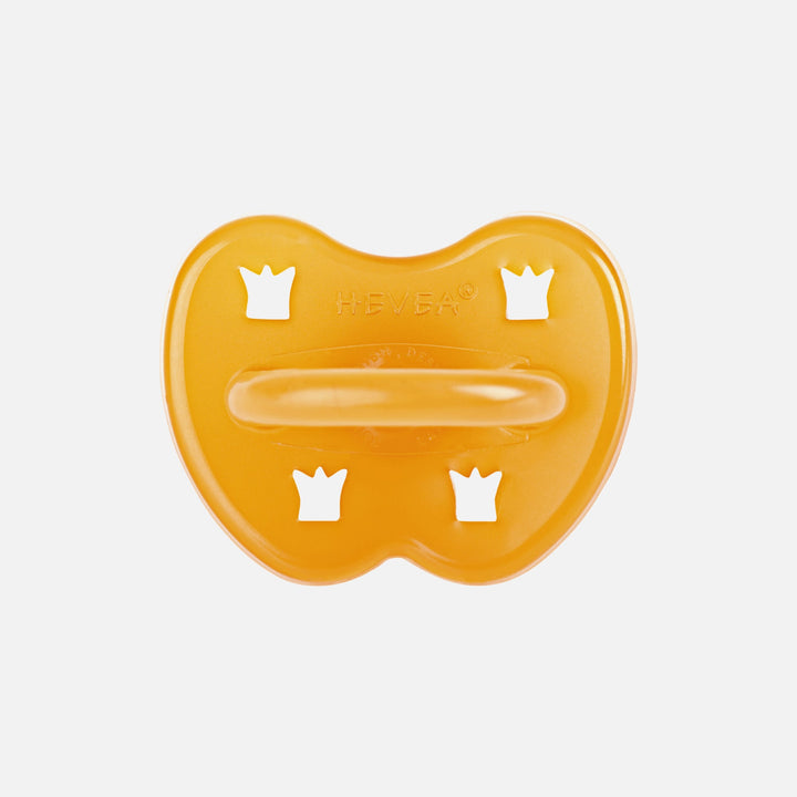 Hevea natural rubber pacifier in natural amber color with butterfly shield and crown ventilation holes