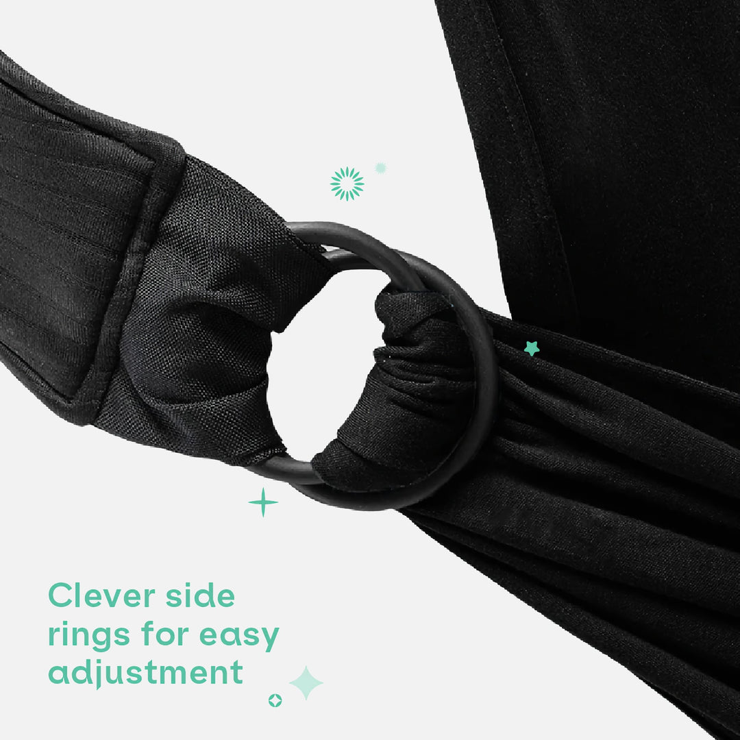 Close-up of the Koala Cuddle Band 2 baby wrap in black, highlighting the clever side rings for easy adjustment.