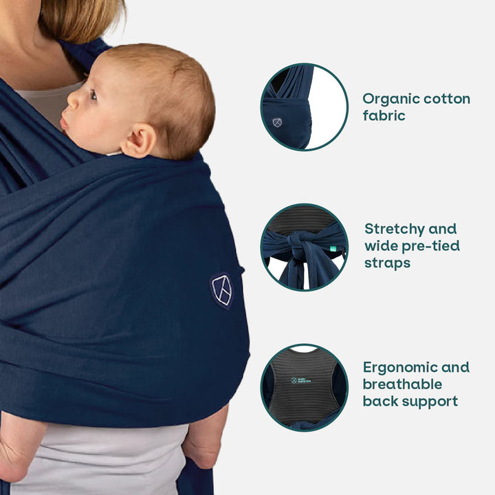 Dark blue Koala Cuddle Band 2 shown with baby, highlighting organic cotton fabric, wide straps, and ergonomic back support