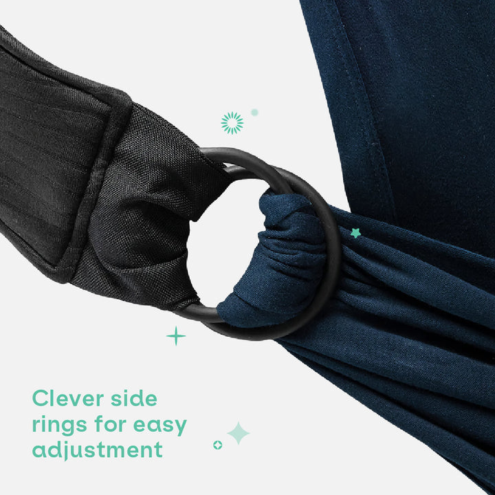 Koala Cuddle Band 2 in dark blue featuring clever side rings for easy adjustment and secure babywearing fit