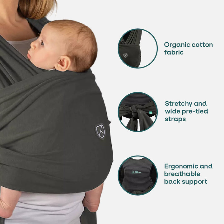 Koala Babycare Koala Cuddle Band 2 in military green, highlighting organic cotton fabric, stretchy pre-tied straps, and ergonomic back support.