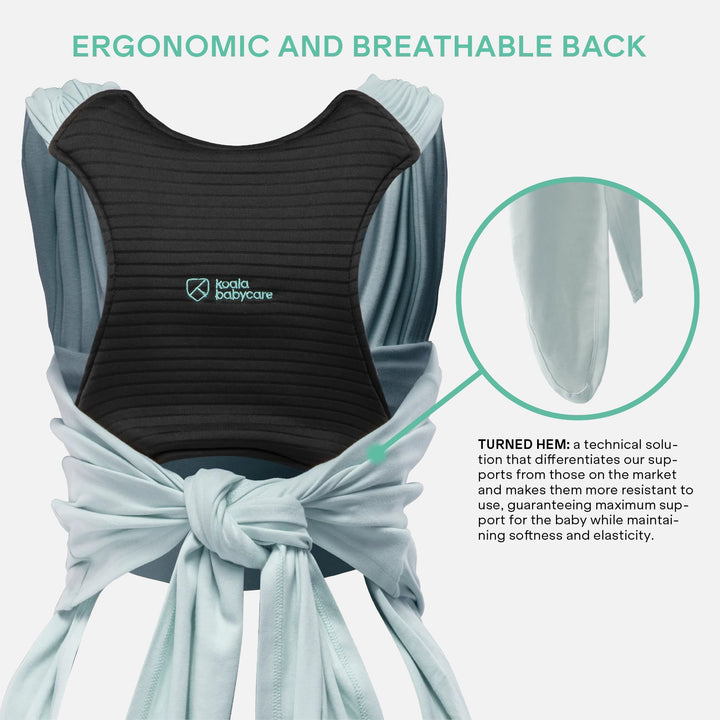 Close-up of the ergonomic and breathable back support of the Koala Cuddle Band 2 baby wrap in light blue, designed for maximum comfort and durability.