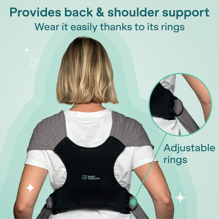 Koala Babycare Koala Cuddle Band showing back and shoulder support with adjustable rings for a comfortable fit.