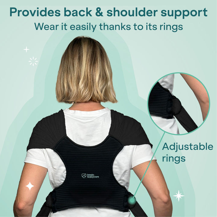 Koala Babycare Koala Cuddle Band in black, showing back and shoulder support with adjustable rings for a custom fit.