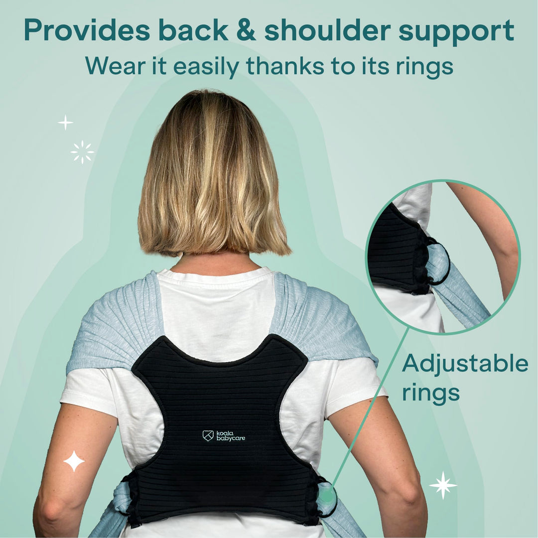 Koala Babycare Koala Cuddle Band in light blue, showing back and shoulder support with adjustable rings for a custom fit.