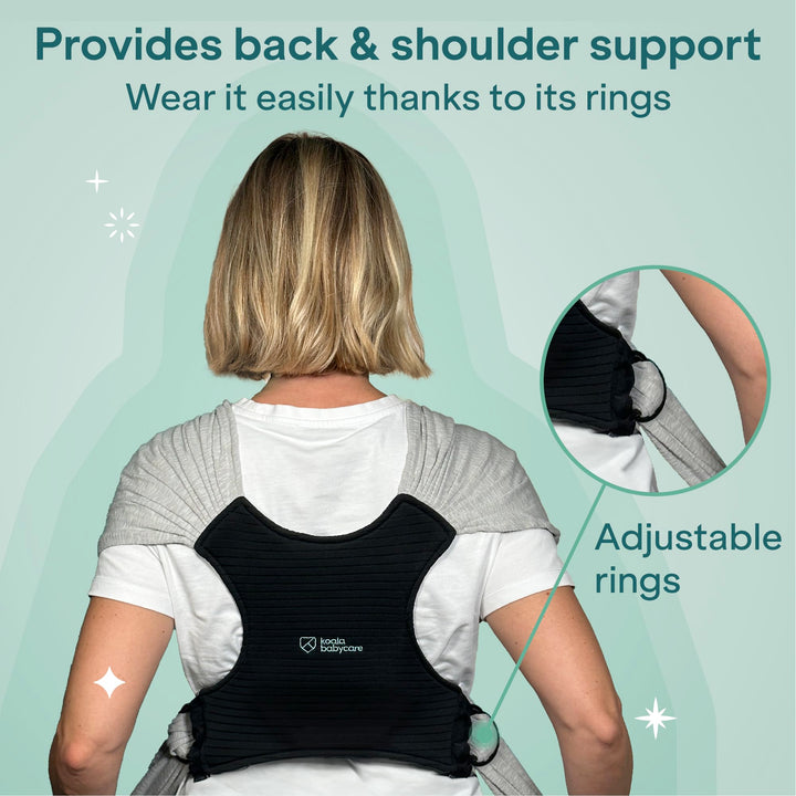 Koala Babycare Koala Cuddle Band in light gray, showing back and shoulder support with adjustable rings for a custom fit.