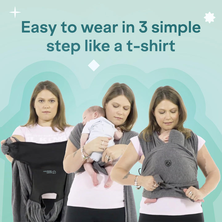 Koala Babycare Koala Cuddle Band tutorial showing 3 simple steps to wear, designed for easy use like a T-shirt.