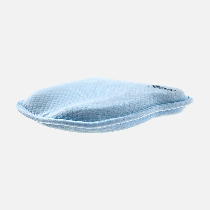 Side view of the Koala Babycare Koala Perfect Head pillow in light blue, showcasing its ergonomic design and memory foam structure.