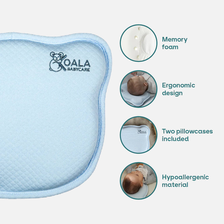 Koala Babycare Koala Perfect Head pillow in light blue highlighting features: memory foam, ergonomic design, two pillowcases, hypoallergenic material.