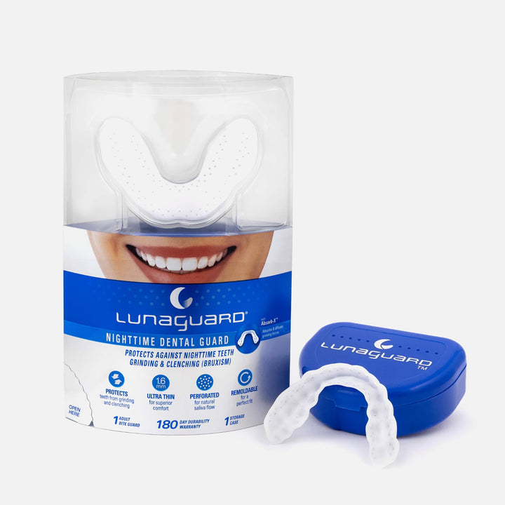 LunaGuard Nighttime Dental Guard with ultra-thin, remoldable design, includes storage case for bruxism protection.