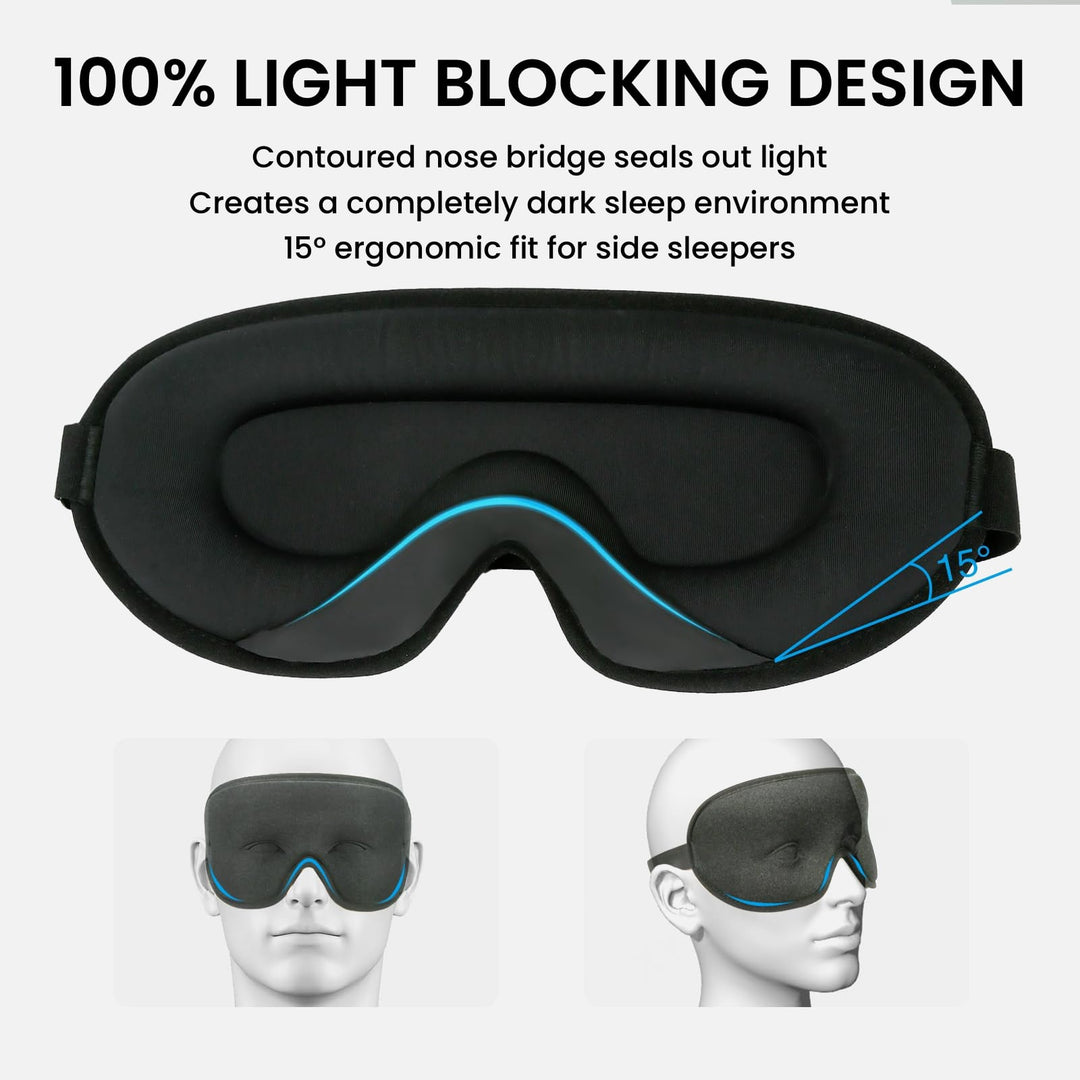 LYSIAN black 3D contoured sleep eye mask with light-blocking nose bridge and 15° ergonomic design for side sleepers