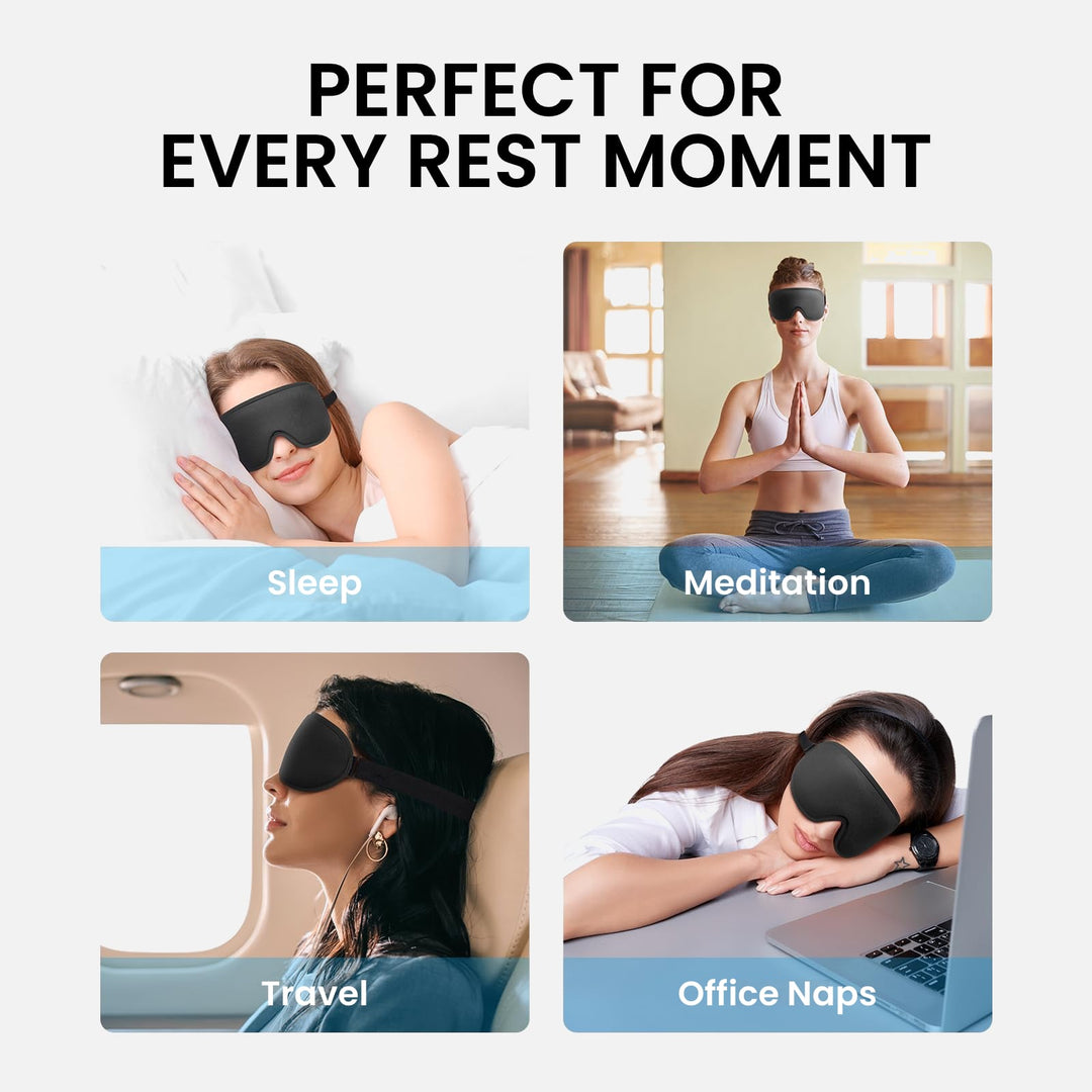 LYSIAN black 3D contoured sleep eye mask used for sleep, meditation, travel and office naps for light-blocking comfort