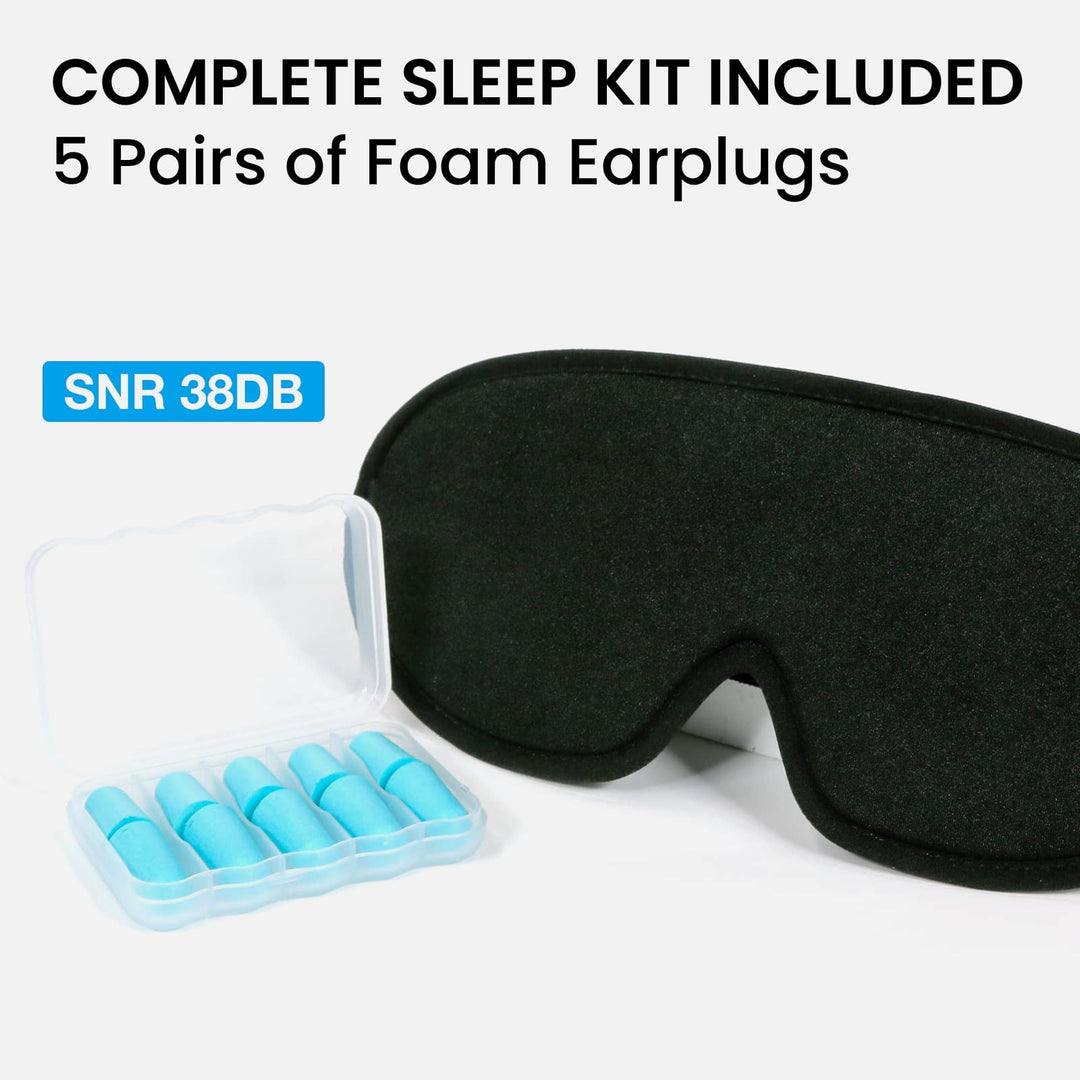 LYSIAN black 3D contoured sleep eye mask with 5 pairs foam earplugs SNR 38dB for light blocking sleep comfort