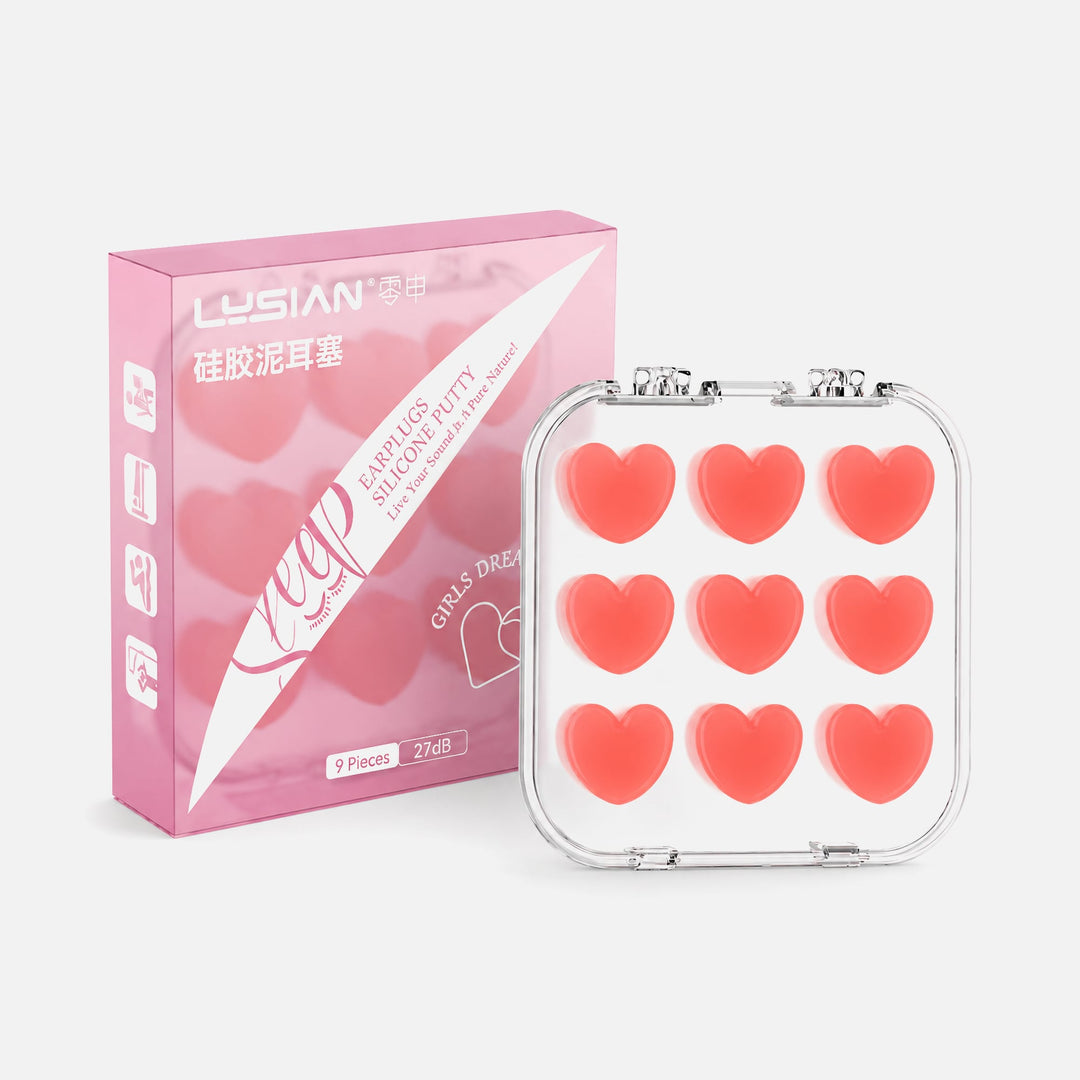 LYSIAN heart-shaped silicone putty earplugs in Passion Red with storage case and retail packaging