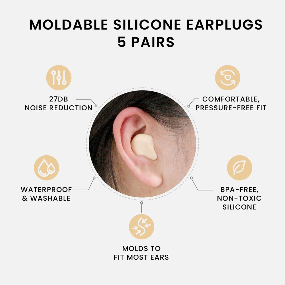 LYSIAN moldable silicone earplugs 5 pairs, 27dB noise reduction, waterproof, BPA-free, pressure-free fit