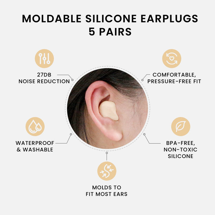 LYSIAN moldable silicone earplugs 5 pairs, 27dB noise reduction, waterproof, BPA-free, pressure-free fit