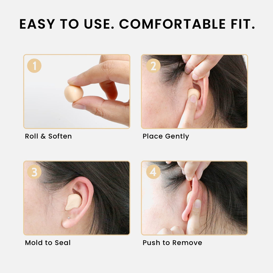 LYSIAN moldable silicone earplugs easy use guide, roll, place, mold to seal and push to remove