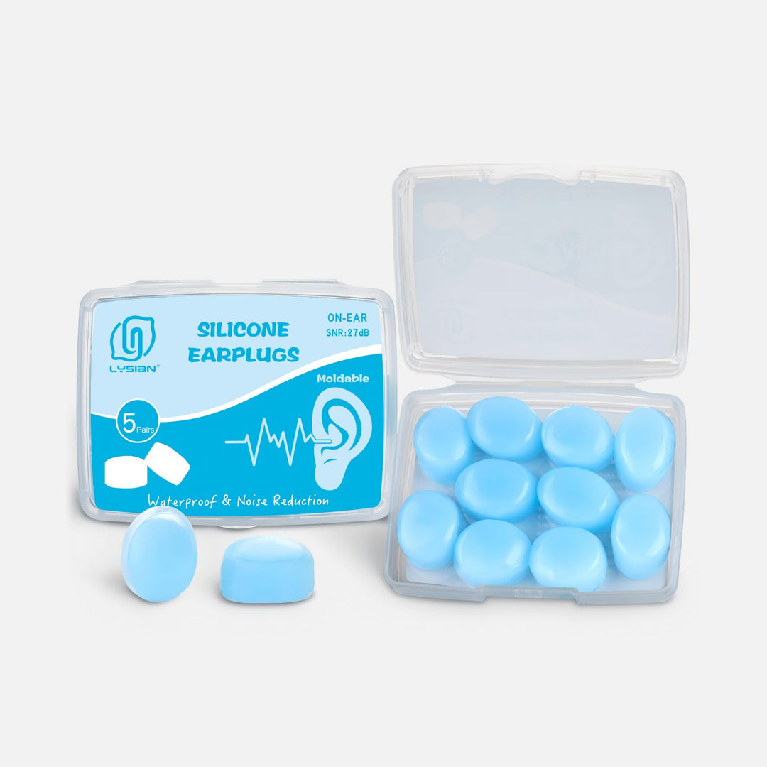 LYSIAN blue silicone moldable earplugs with open storage case and retail packaging, 5 pairs, waterproof and reusable