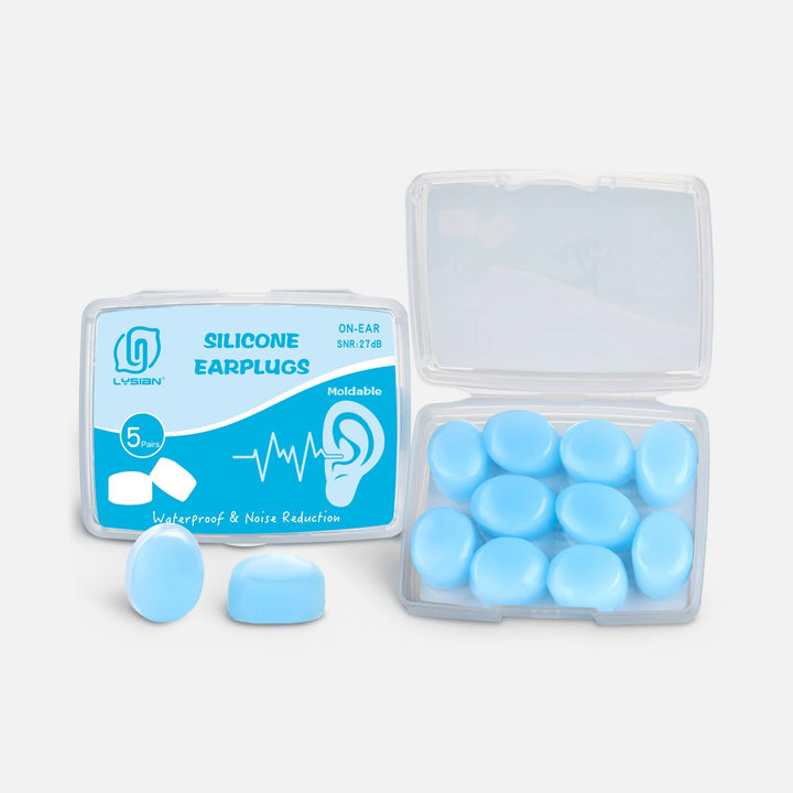 LYSIAN blue silicone moldable earplugs with open storage case and retail packaging, 5 pairs, waterproof and reusable