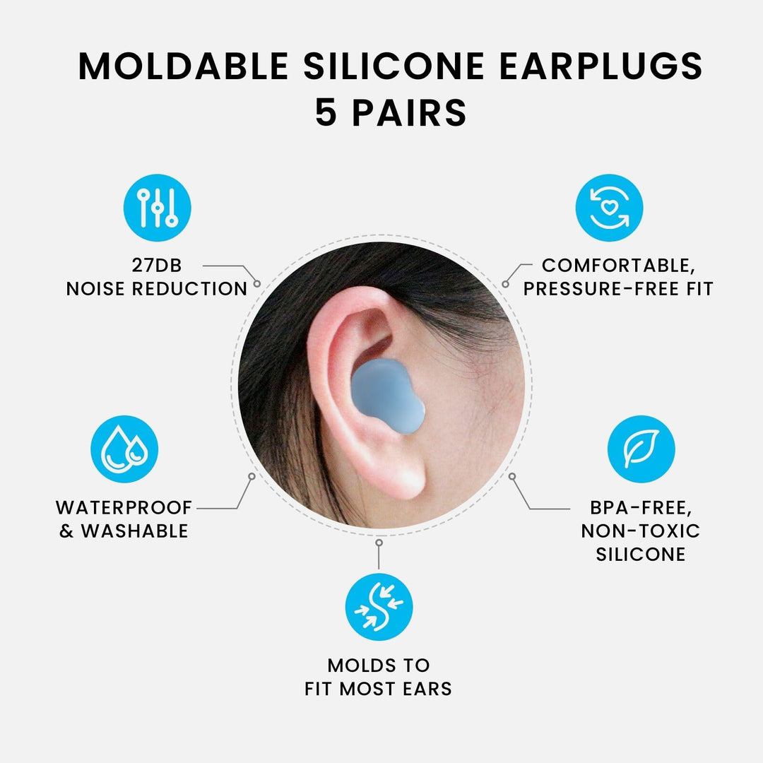 LYSIAN moldable silicone earplugs 5 pairs, 27dB noise reduction, waterproof, BPA-free, pressure-free fit