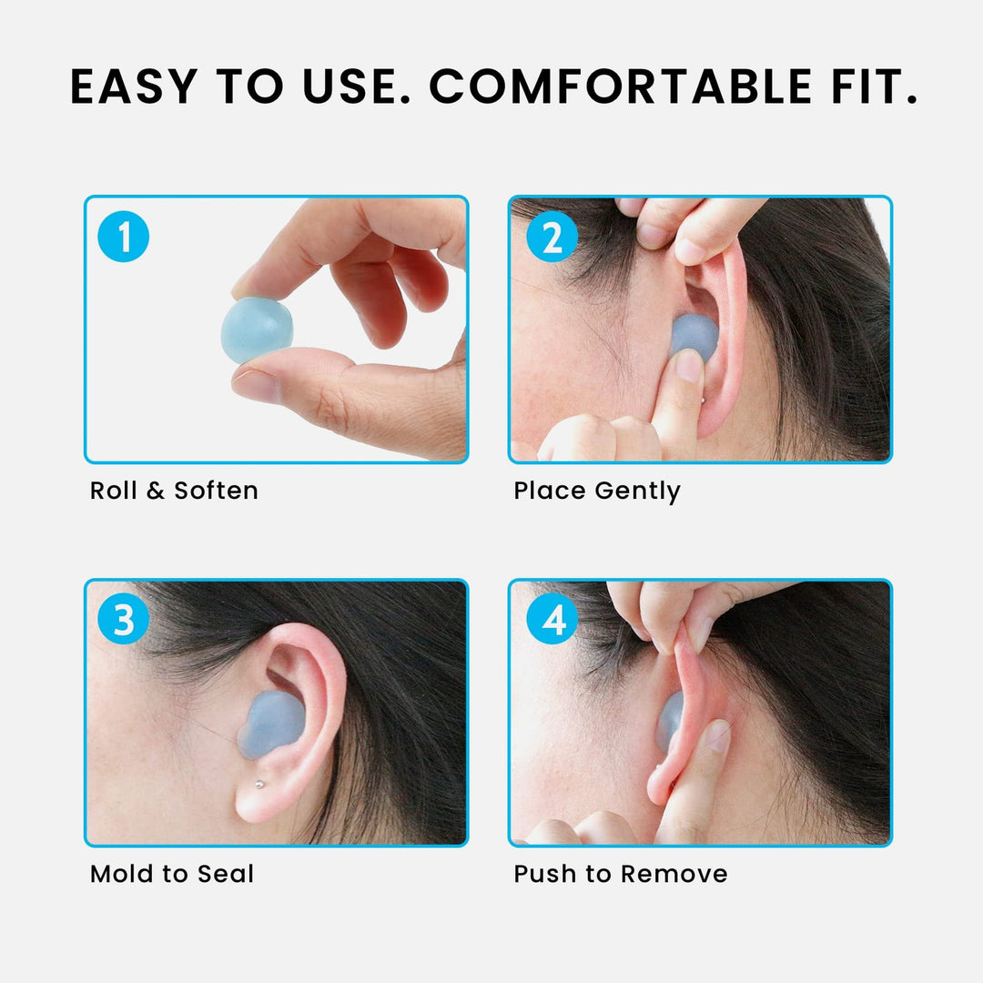 LYSIAN moldable silicone earplugs easy use guide, roll, place, mold to seal and push to remove