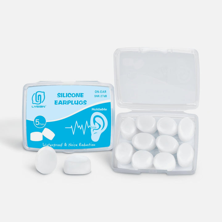 LYSIAN clear silicone moldable earplugs with open storage case and retail packaging, 5 pairs, waterproof and reusable
